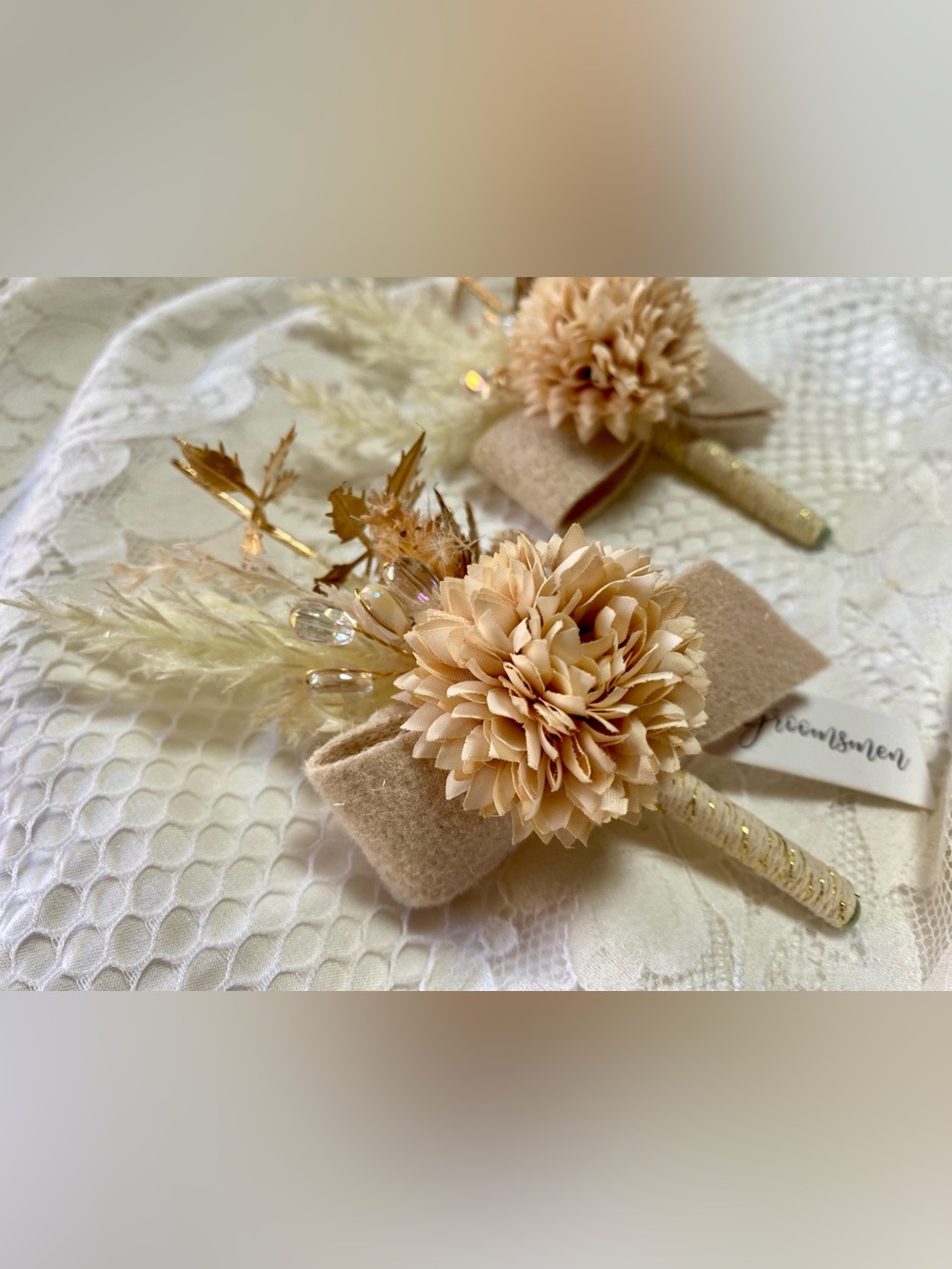 Set of 2 Silk and Foam Pompon Mum Floral Boutonnières in White and Nude